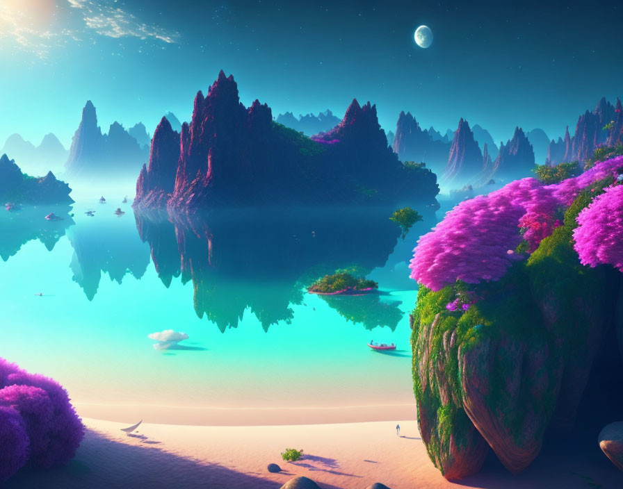 Vibrant pink foliage, turquoise waters, rock formations in serene fantasy landscape