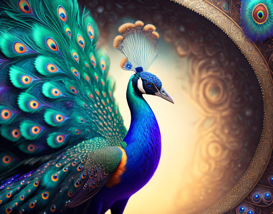 Colorful peacock with intricate eyespots on golden background