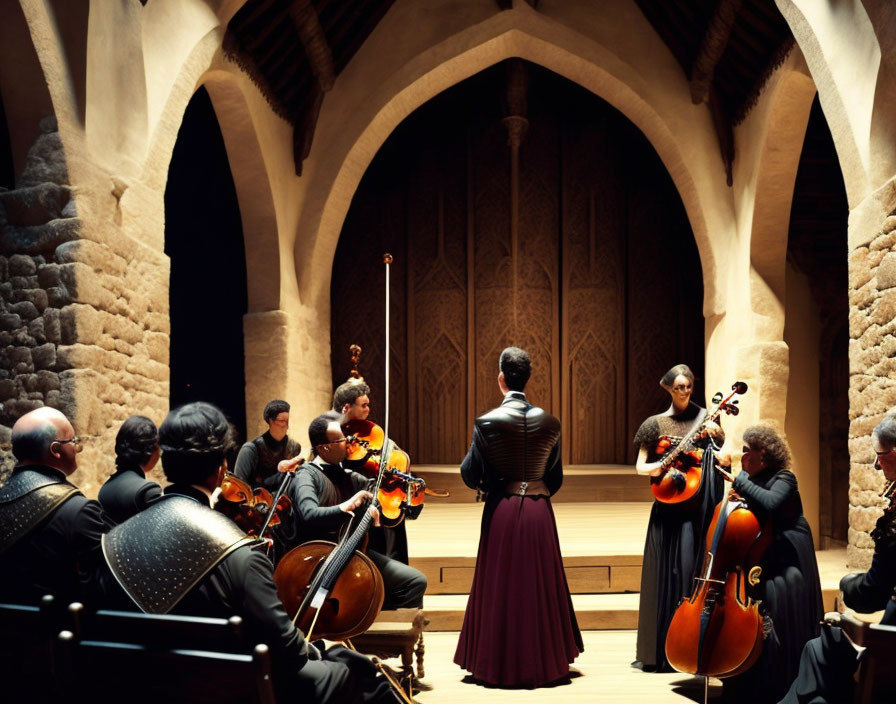 String Ensemble Performance in Elegant Arched Venue with Formally Dressed Musicians