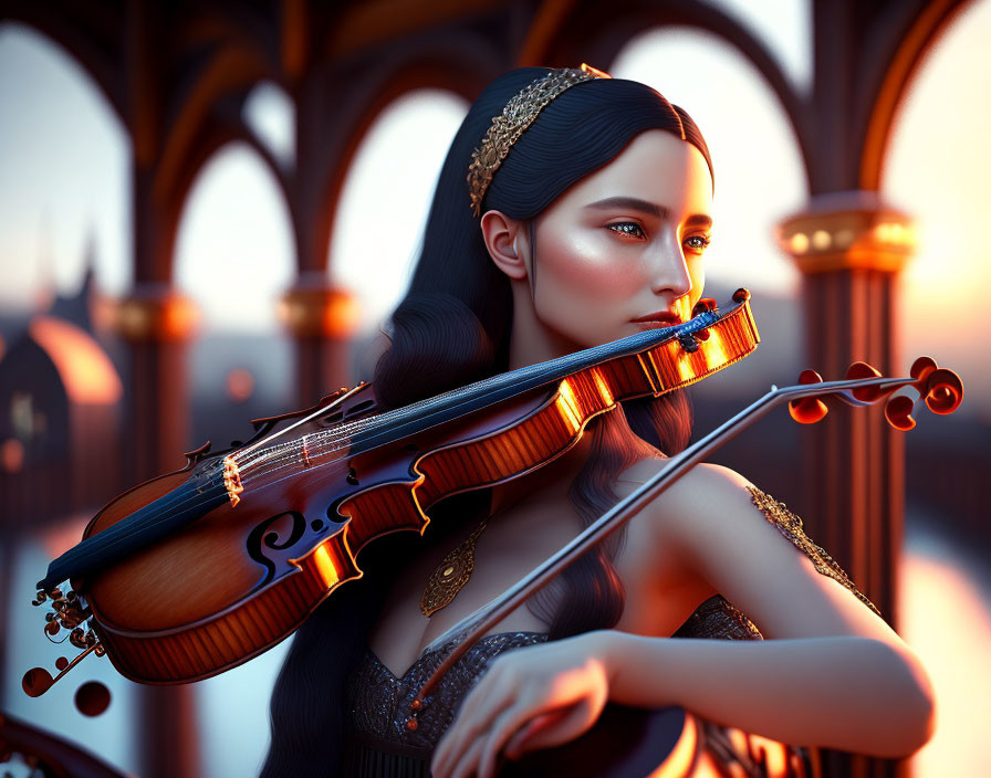 Woman playing violin at sunset on ornate balcony