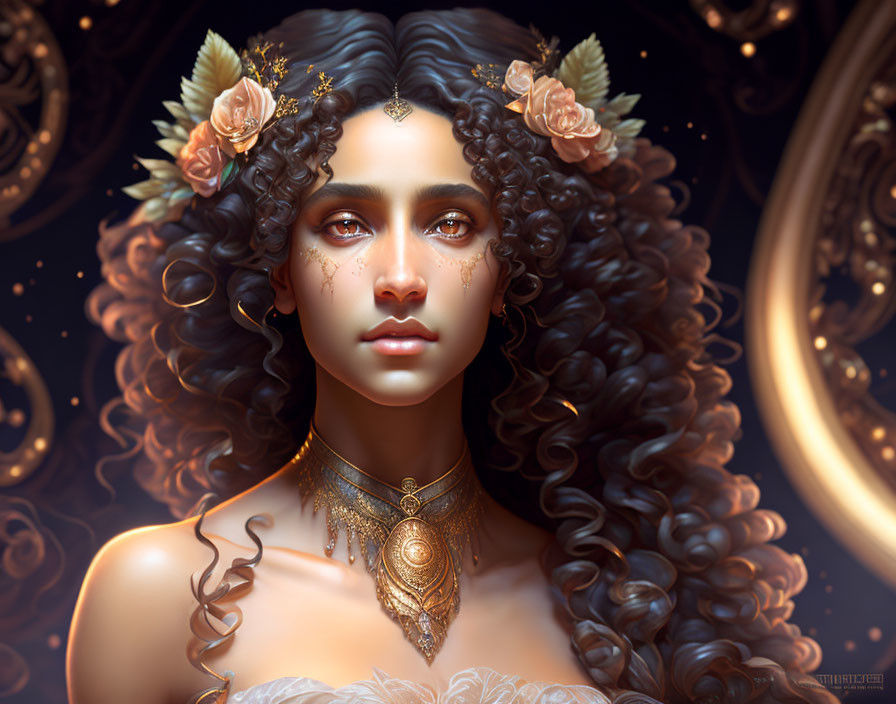 Digital portrait: Curly-haired woman with golden accessories and flowers on dark background