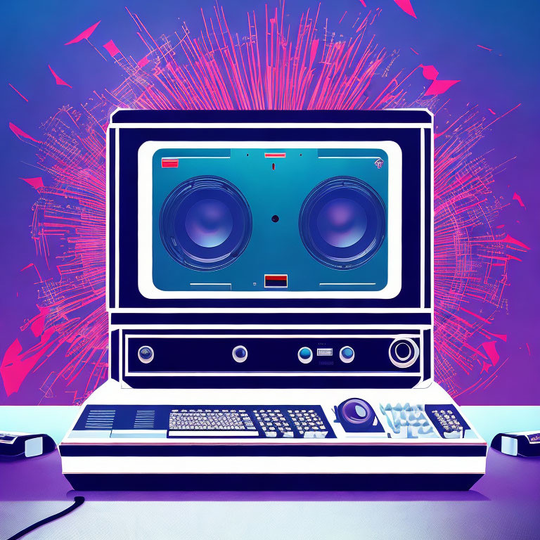 Retro-futuristic boombox with keyboard elements on vibrant purple backdrop