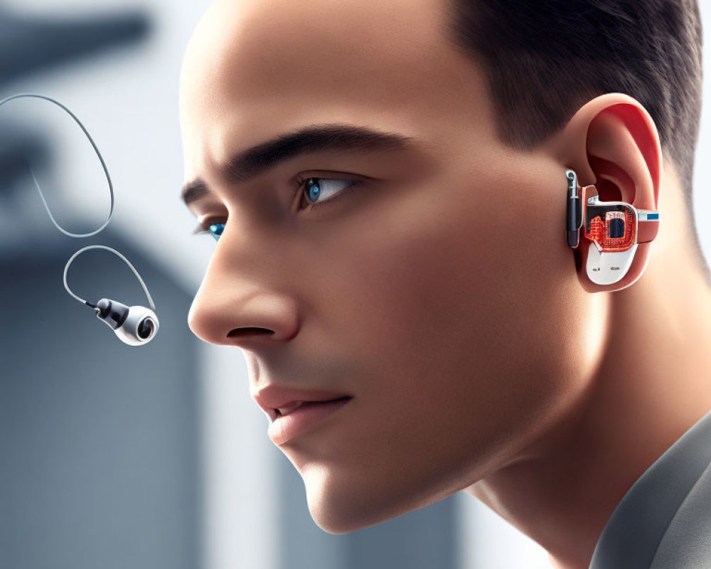 Detailed digital illustration of a man with modern in-ear hearing aid.