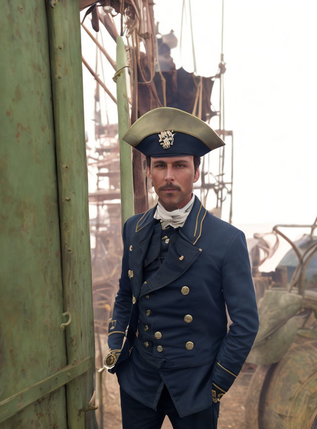 Naval officer in uniform near rusty structure with pipes and obscured figure