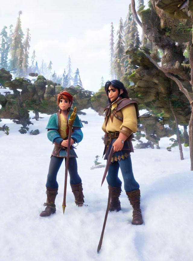 Animated characters in snowy forest with staff and sword, dressed in winter attire