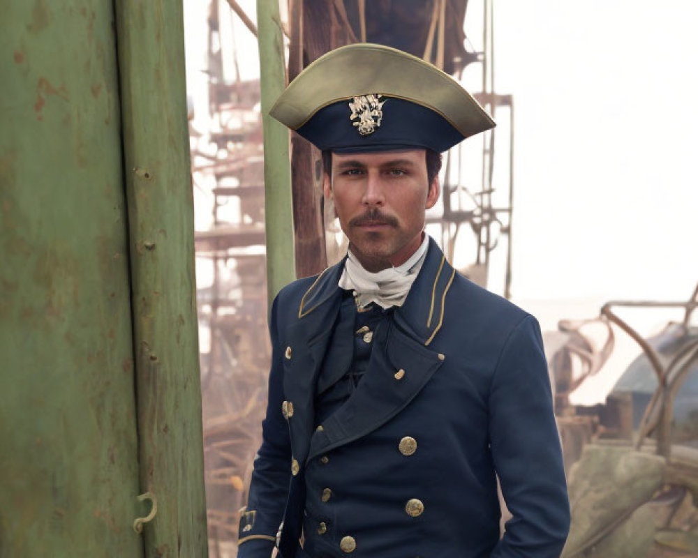 Naval officer in uniform near rusty structure with pipes and obscured figure