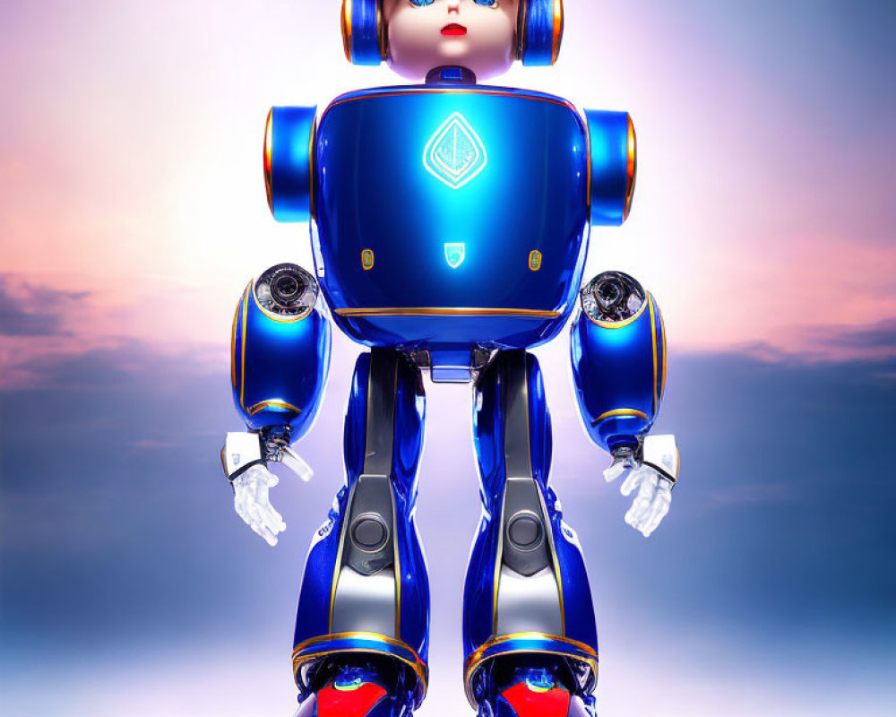 Blue Robot with Cap Stands Against Cloud-Filled Sky