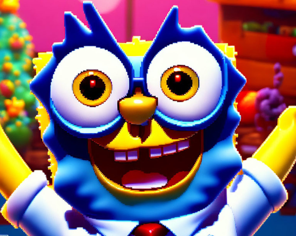 Blue and Yellow Animated Character in Suit and Tie Smiling