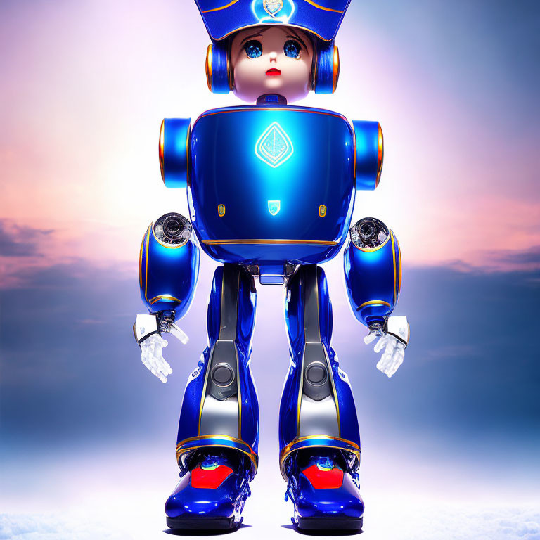 Blue Robot with Cap Stands Against Cloud-Filled Sky