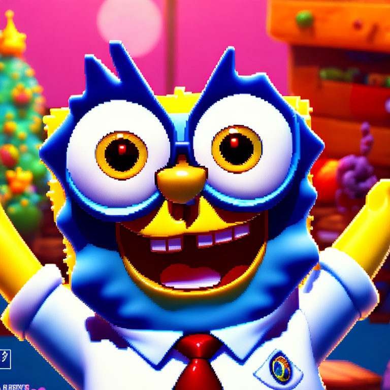 Blue and Yellow Animated Character in Suit and Tie Smiling