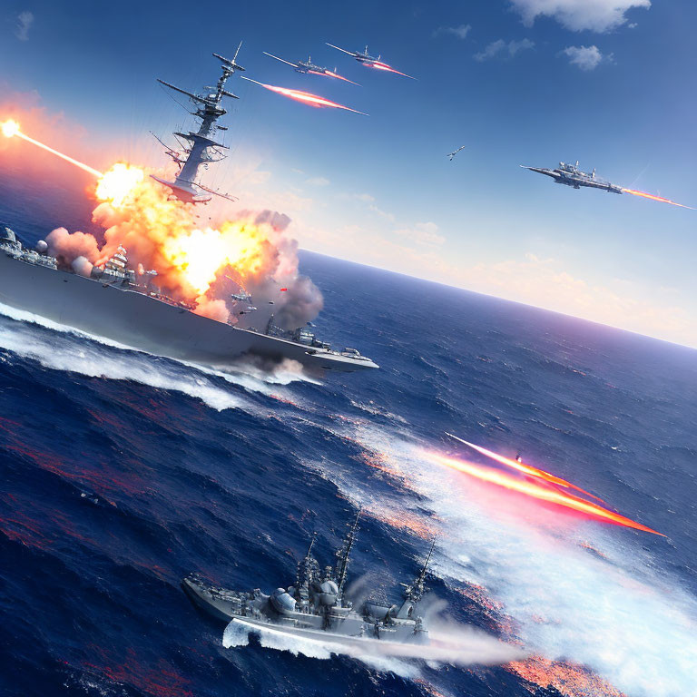 Naval battle scene with ships, missiles, and aircraft carrier on rough seas