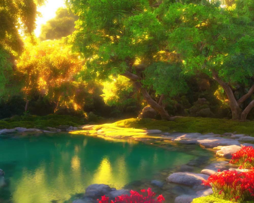 Tranquil Pond Surrounded by Lush Trees and Red Flowers