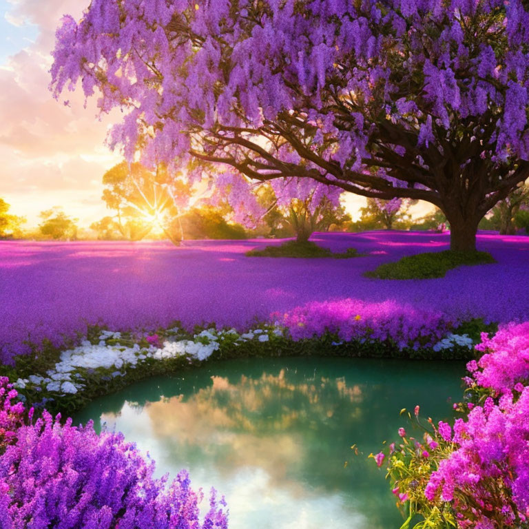 Vibrant purple wisteria tree at sunset by pond with pink and purple flowers