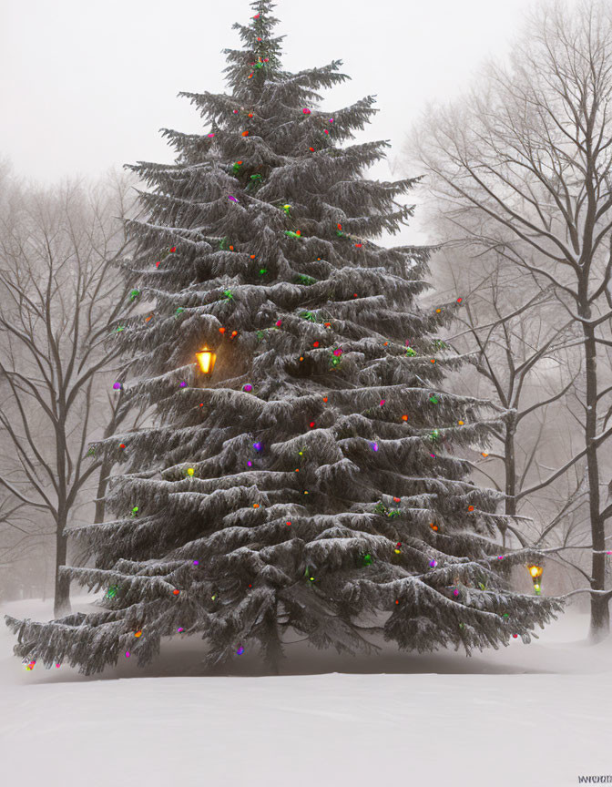 Decorated Evergreen Tree in Snowfall with Colorful Lights