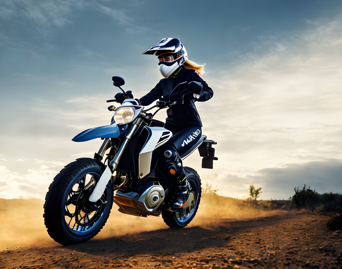 Dirt bike rider in full gear kicking up dust at twilight