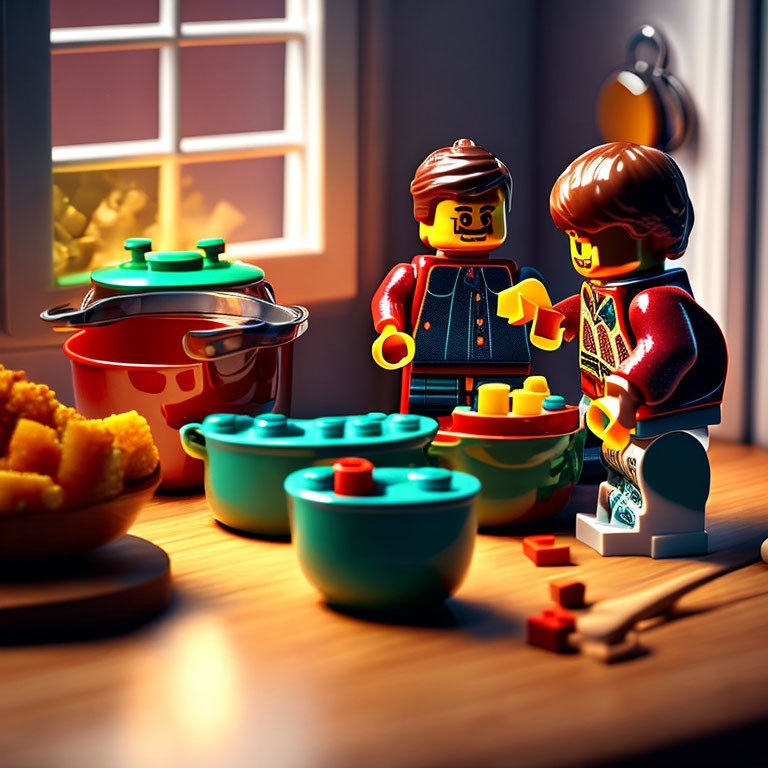 LEGO figures in kitchen scene with pots, bowls, and food pieces