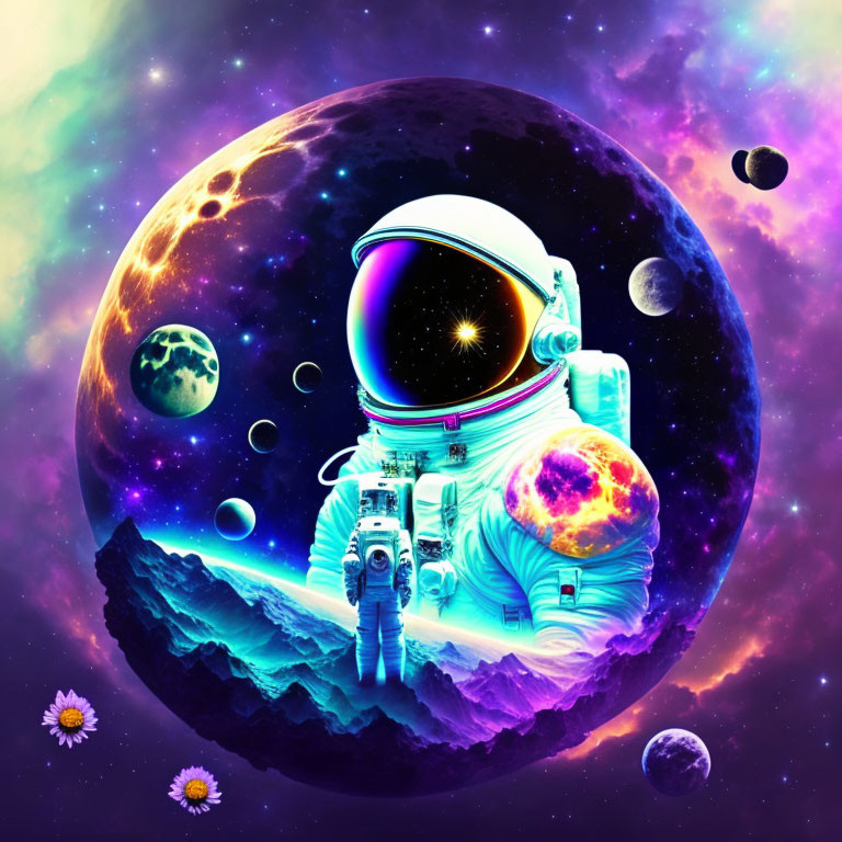 Colorful cosmic scene: astronaut in white spacesuit surrounded by vibrant planets and starry nebula