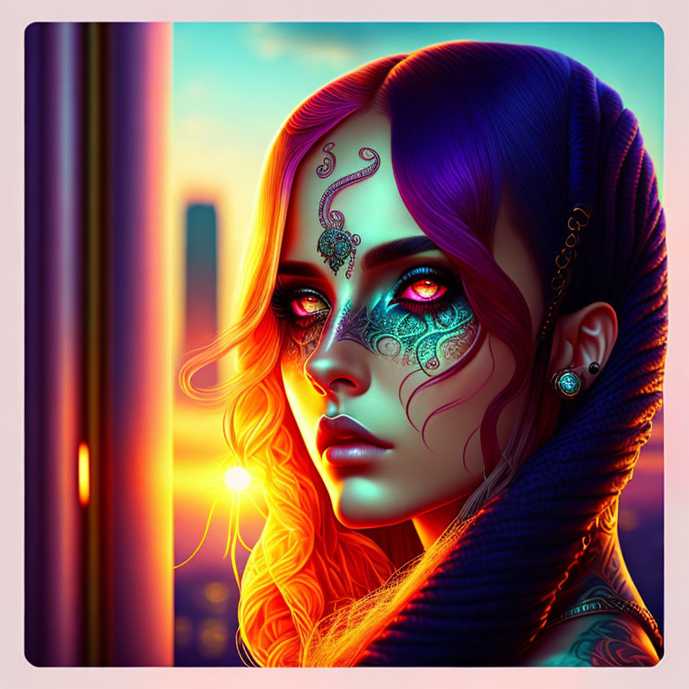 Portrait of Woman with Purple Hair and Blue Face Tattoos in Sunset Cityscape