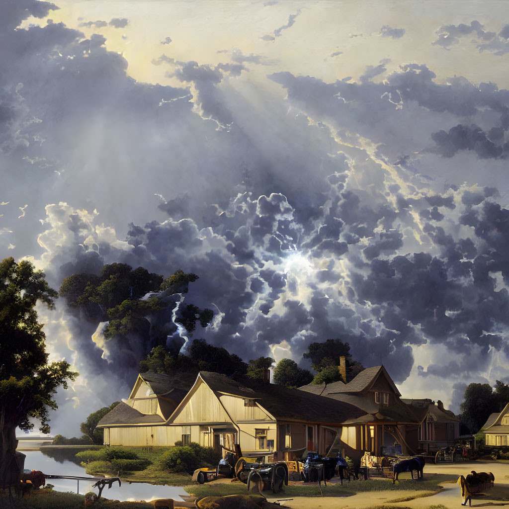 19th-Century Landscape Painting: Rural Scene with River, Sun Rays, and Daily Activities