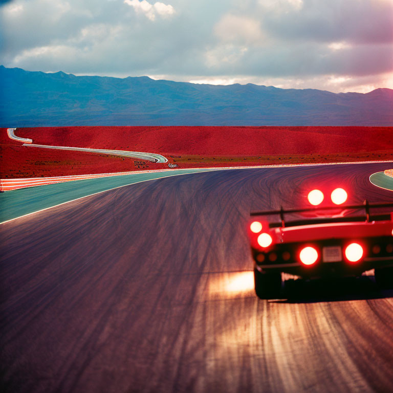 Speeding Race Car with Glowing Red Tail Lights on Vibrant Red Track