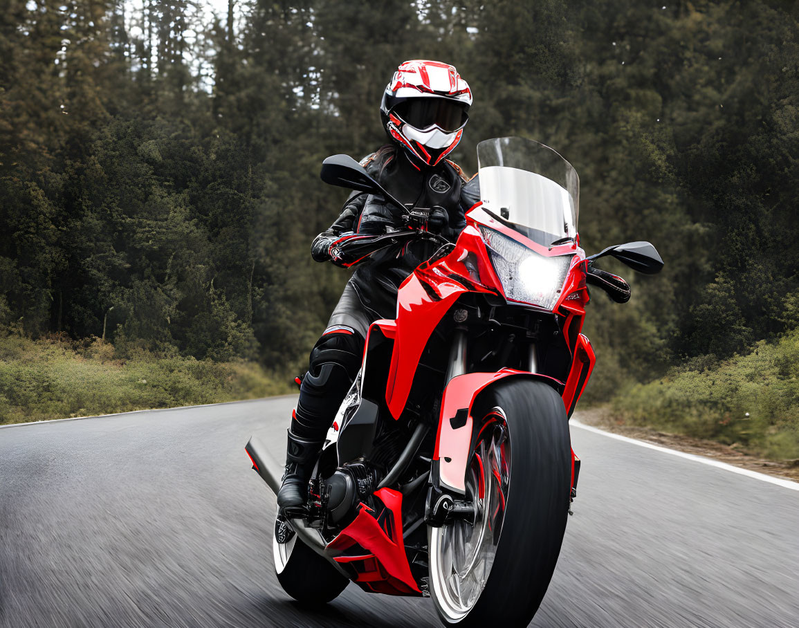 Motorcyclist in Full Gear Riding Red Sports Bike on Forest Road