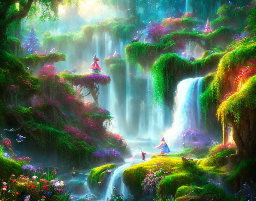 Fantasy landscape with waterfalls, greenery, flowers, ethereal light, red cloaked character