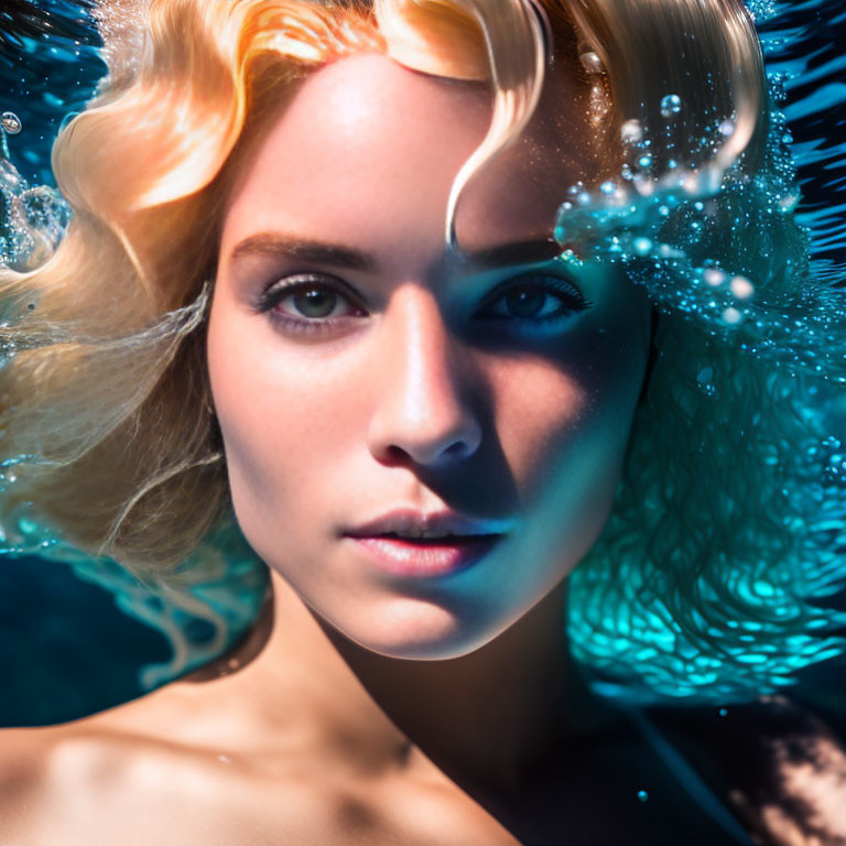 Blonde woman submerged in water with flowing hair and bubbles around her