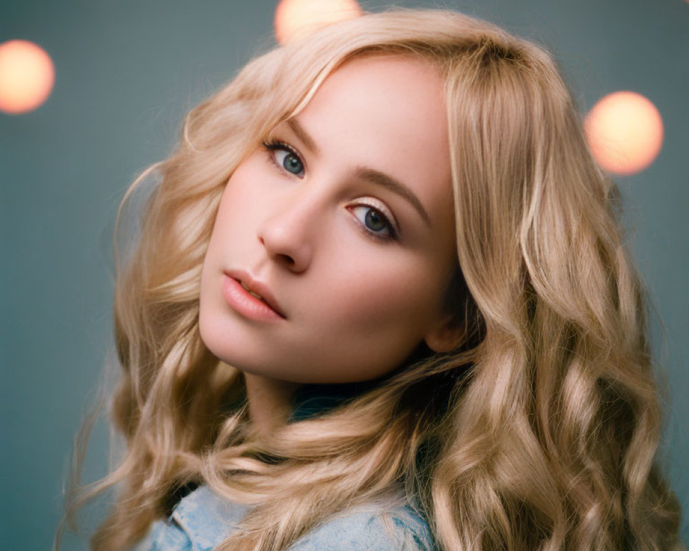 Blonde woman in denim jacket with glowing lights background