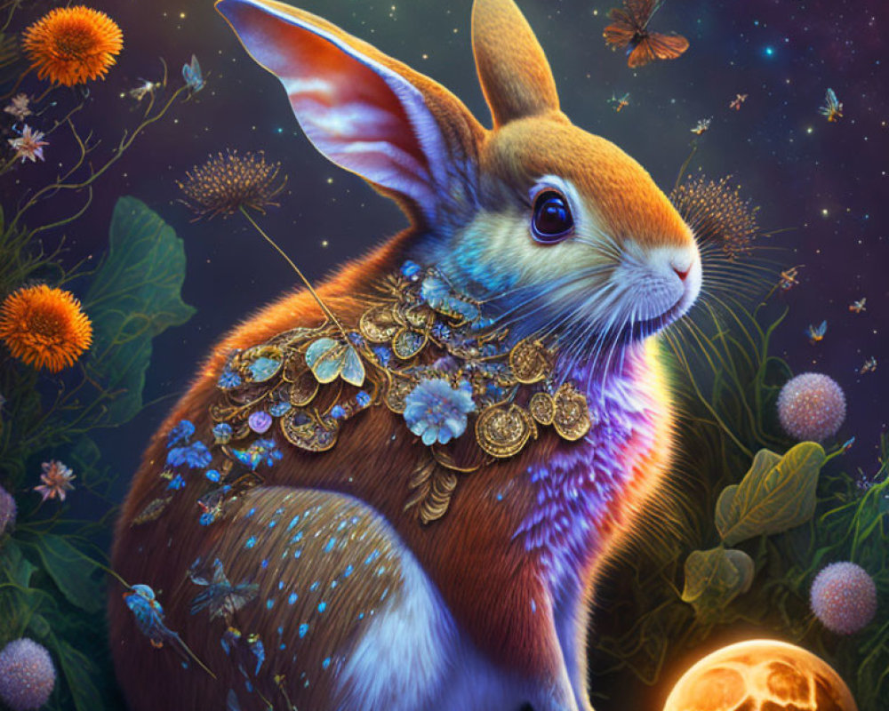 Fantastical rabbit with gold coins and jewelry under starry sky