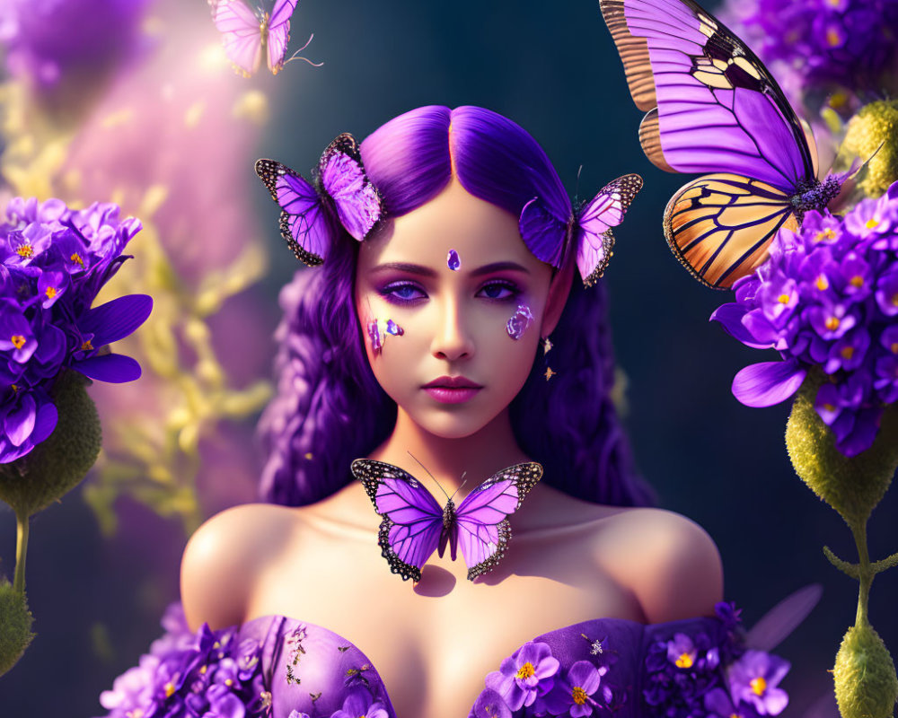 Violet-haired woman surrounded by butterflies and flowers in a serene setting