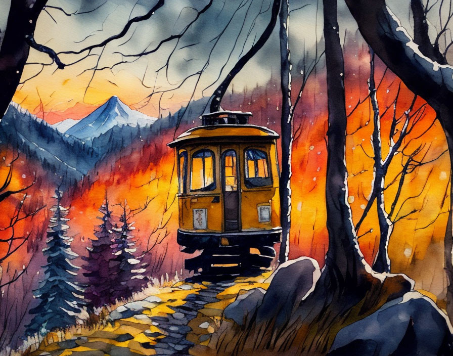 Vintage tram in autumn forest with mountains - watercolor painting