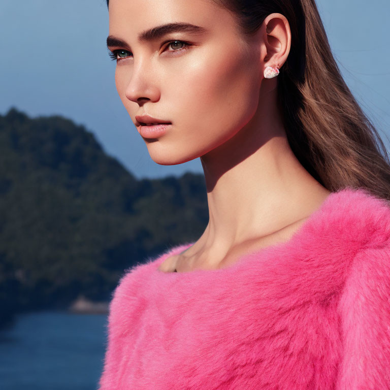 Woman in Pink Fur Coat with Diamond Earring by Water