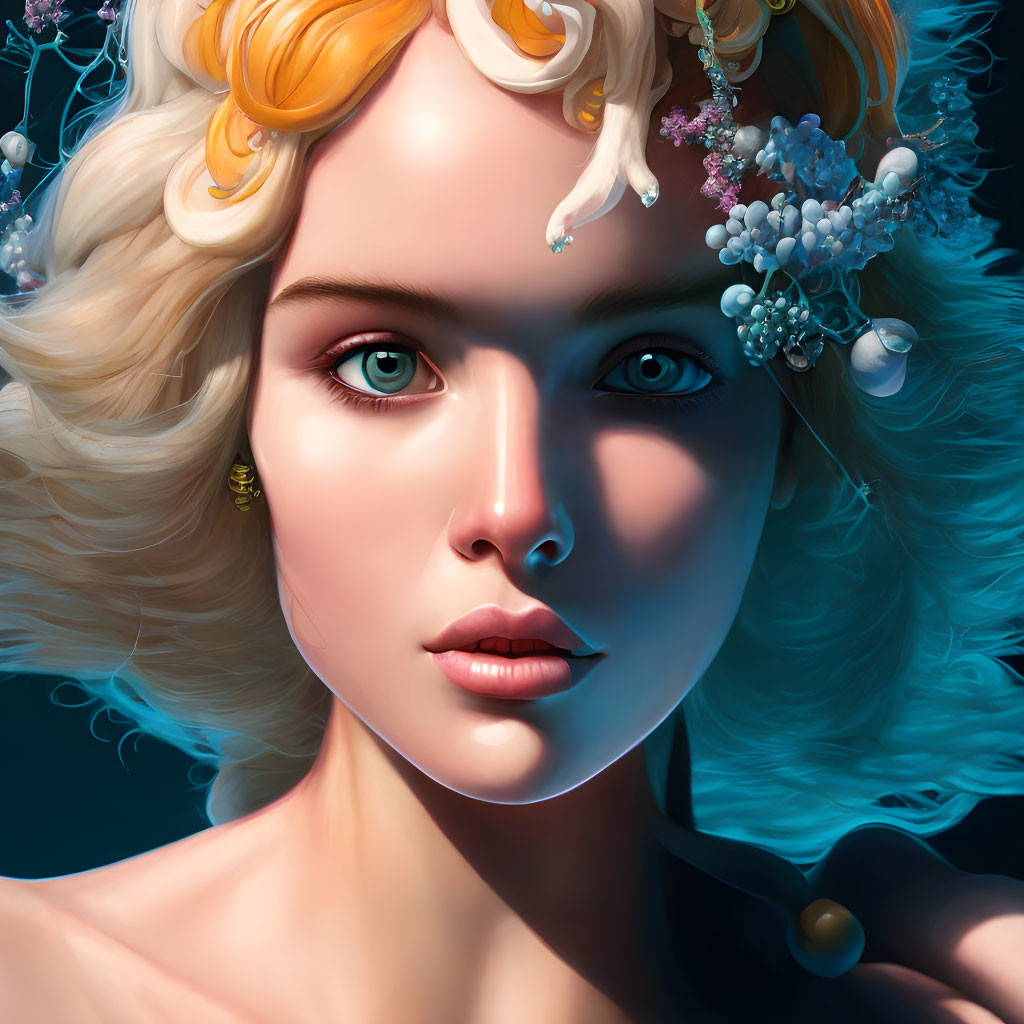 Blonde Woman Portrait with Blue Eyes and Pearls