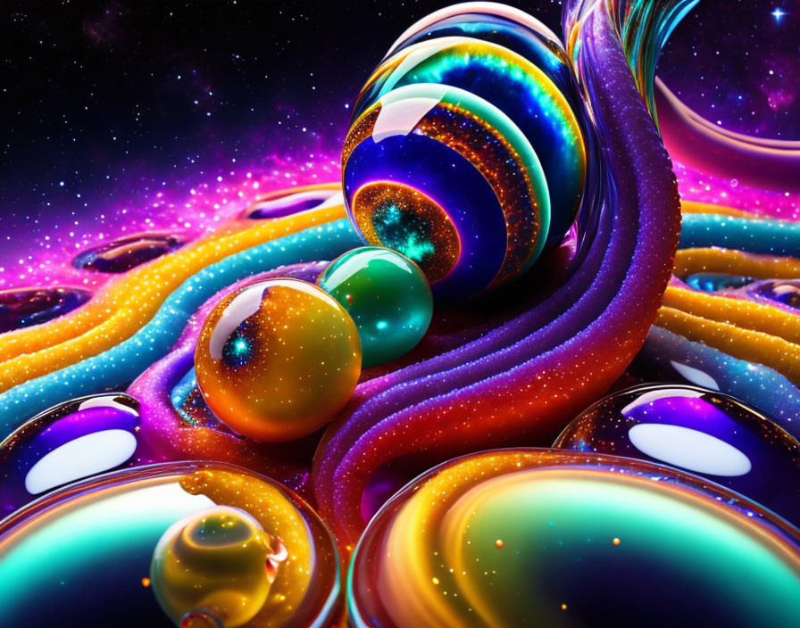 Colorful digital artwork with glossy spheres and cosmic background