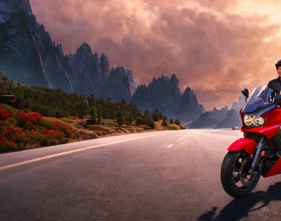 Motorcyclist on Red Sports Bike Pauses on Empty Highway