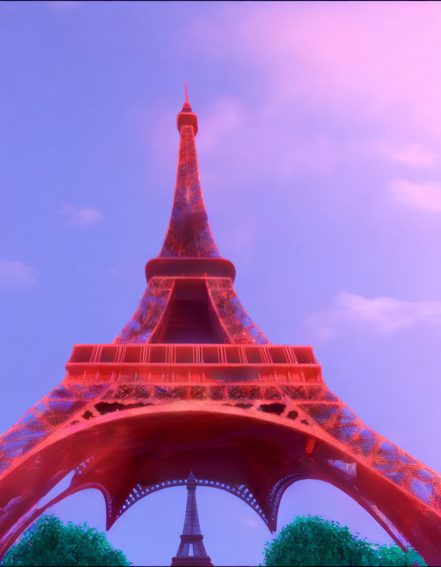 Iconic Eiffel Tower at sunset with purple and pink sky