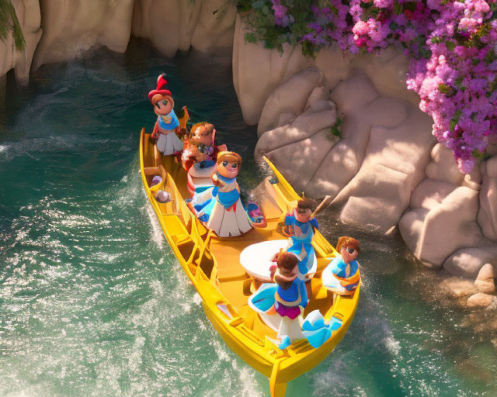 Colorful animated characters on a boat ride in a vibrant river landscape