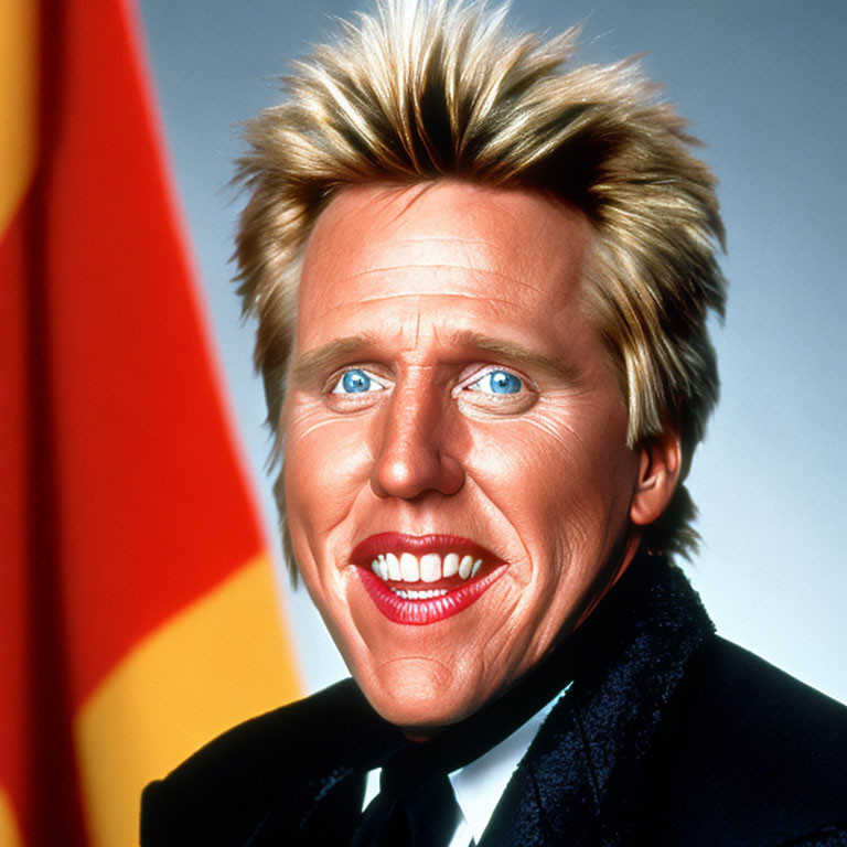 Blonde man in dark blazer smiles against red and yellow backdrop