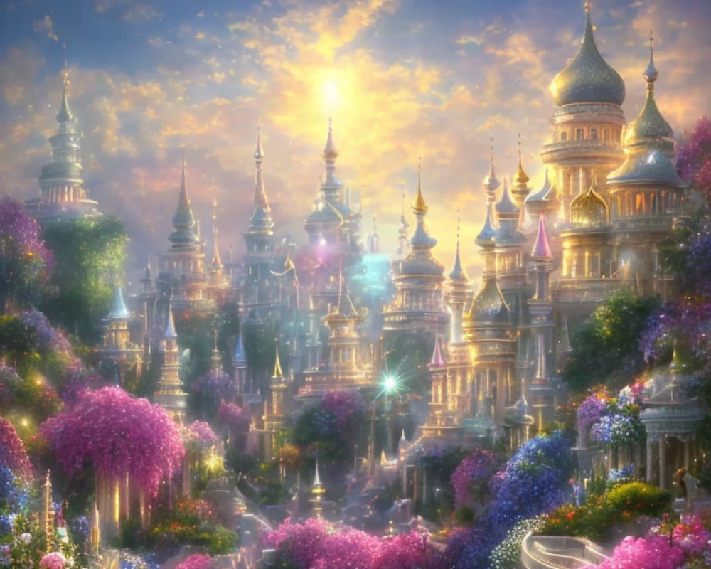 Fantasy landscape with ornate towers and blooming flowers