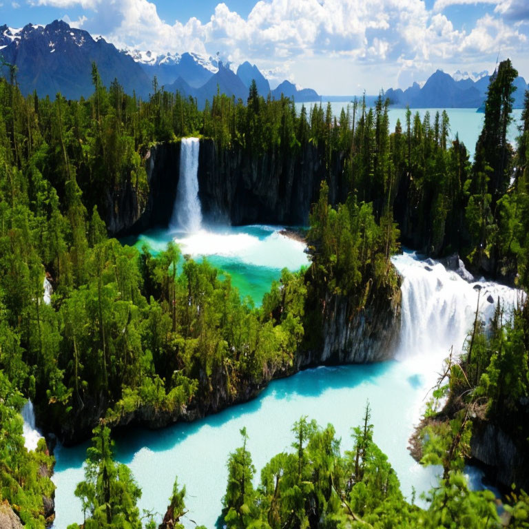 Majestic waterfall in lush forest landscape