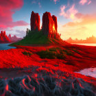 Digital landscape featuring towering rock formations, lush greenery, red algae-covered shorelines, and a sunset