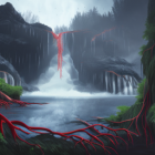 Mystical valley with waterfalls, red trees, and pagodas in digital art