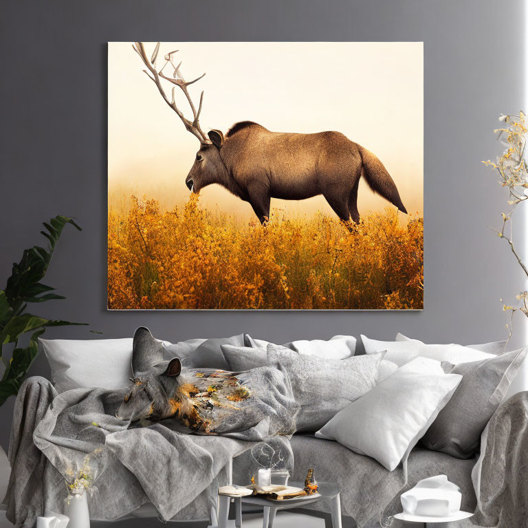 Elk-themed canvas print with surreal tree branch twist above modern sofa