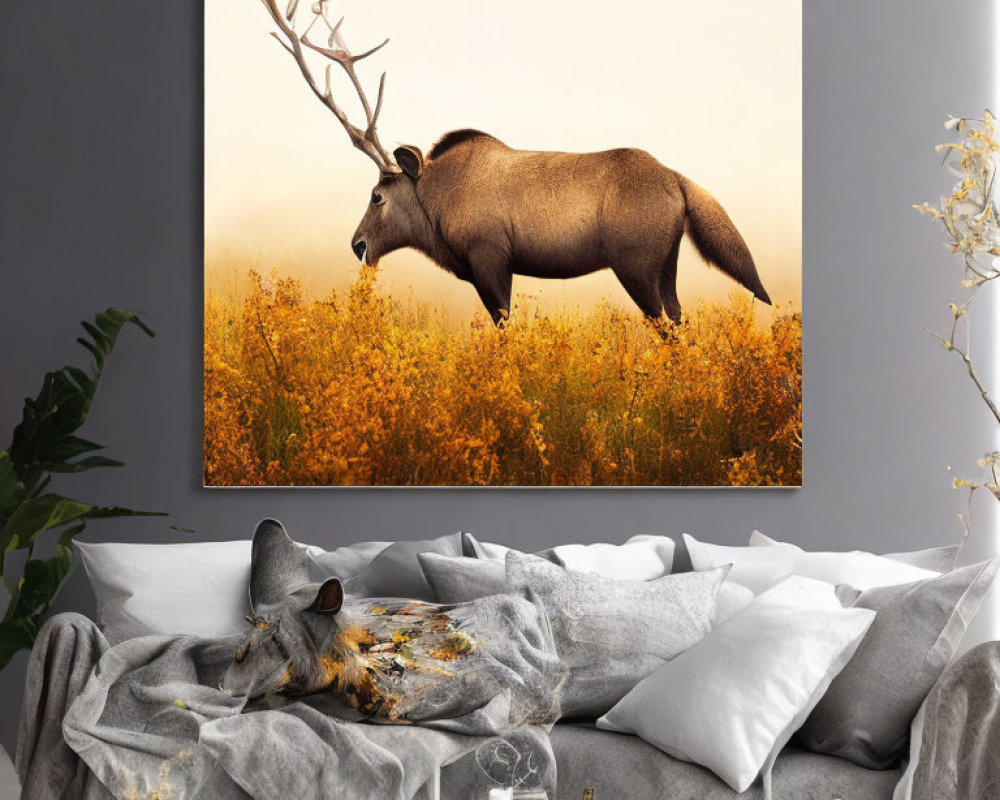 Elk-themed canvas print with surreal tree branch twist above modern sofa