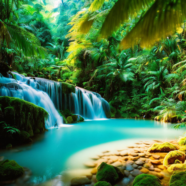 Tranquil Tropical Waterfall Amidst Lush Greenery