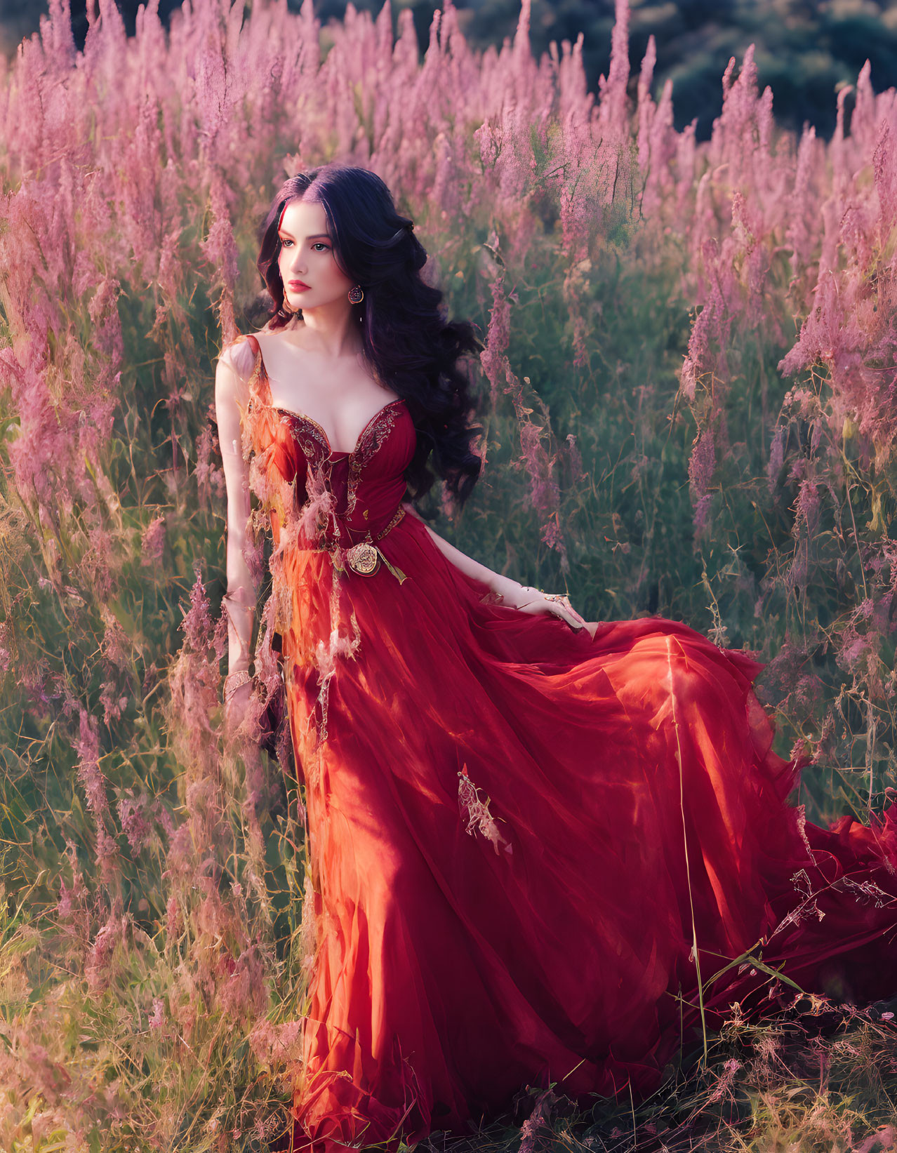 Woman in red gown with gold details standing in pinkish-purple grass.