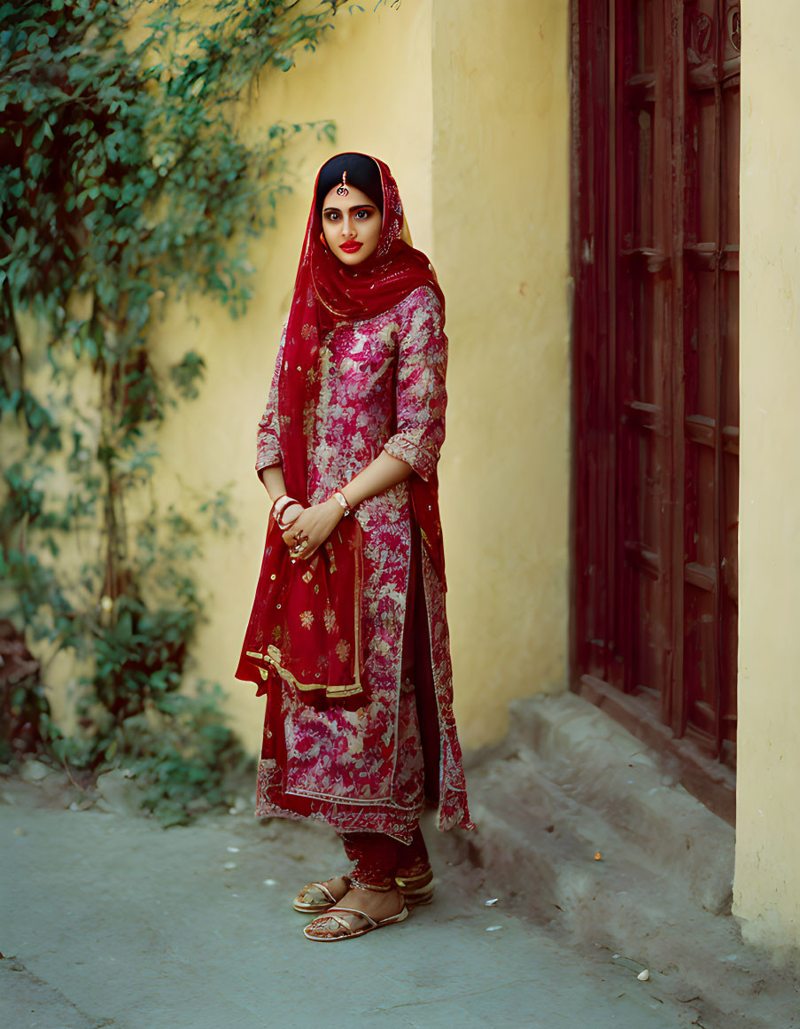 Traditional red and patterned dress woman with gold jewelry by old door