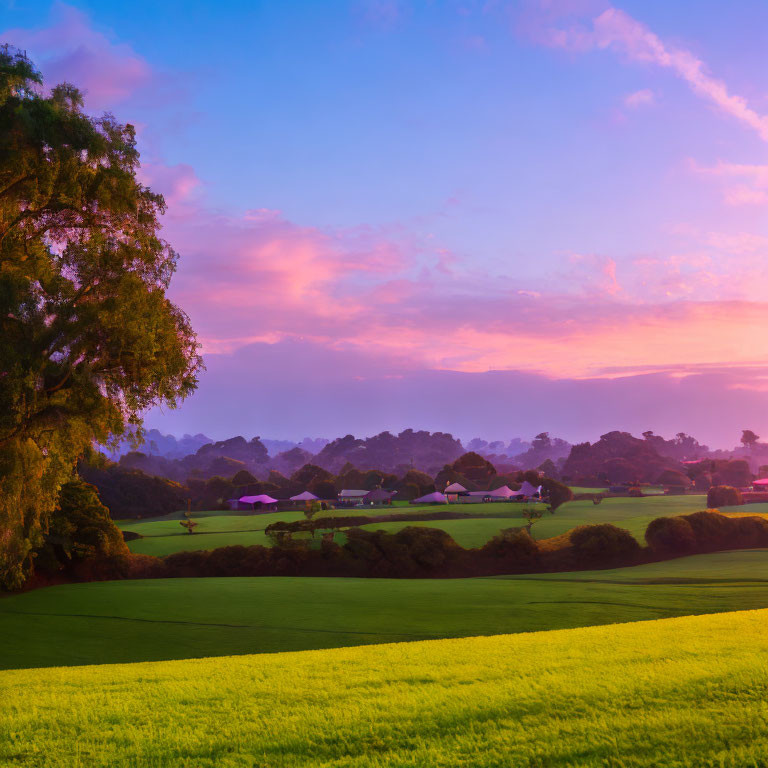 Tranquil landscape with green field, colorful sunset, and distant buildings