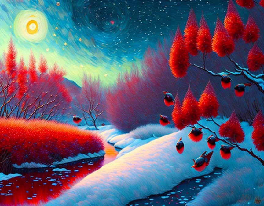 Winter scene painting with red foliage, birds, river, snow, and starry sky