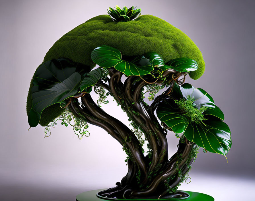 Surreal digital artwork of a lush green tree with glossy leaves